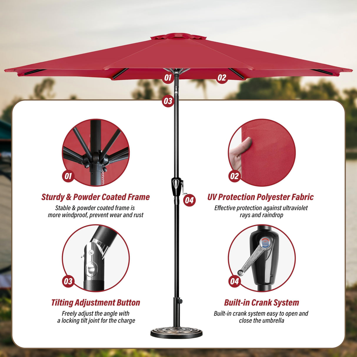 Simple Deluxe 9FT Outdoor Patio Umbrella Table Market Umbrella with Push Button Tilt and Crank and 50lbs Base Stand, for Garden, Lawn, Deck, Backyard, Pool, Red Simple Deluxe