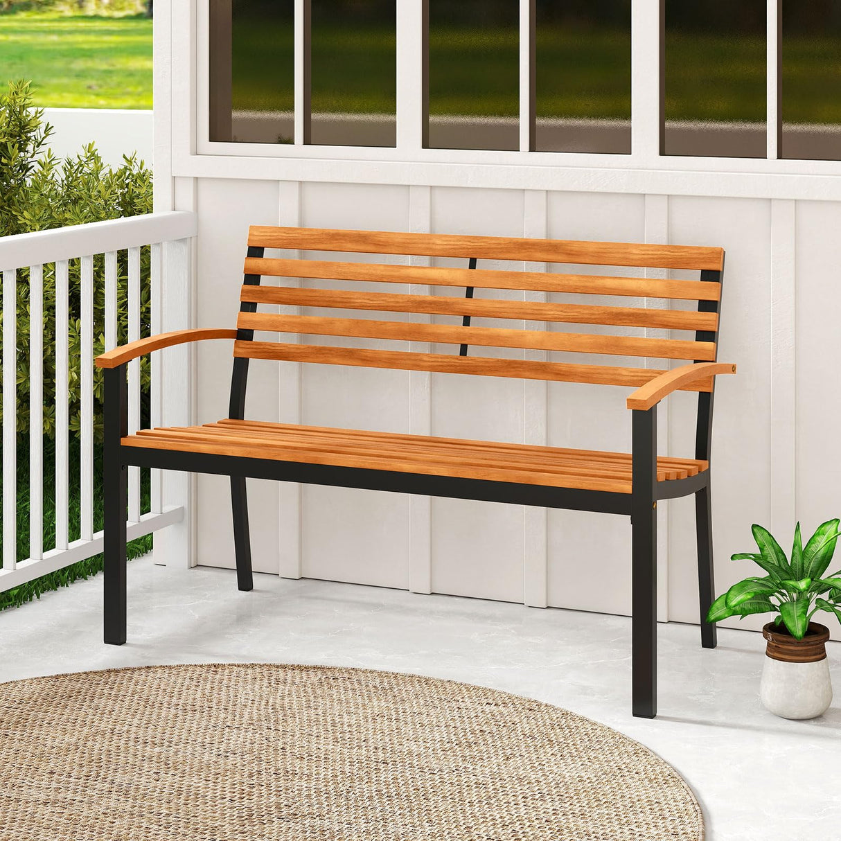 Giantex Outdoor Bench, Acacia Wood Patio Loveseat with Slatted Backrest & Seat, Armrests, Heavy Duty Metal Frame, 800 lbs Capacity, 2-Person Garden Bench for Lawn, Porch, Yard and Park Giantex
