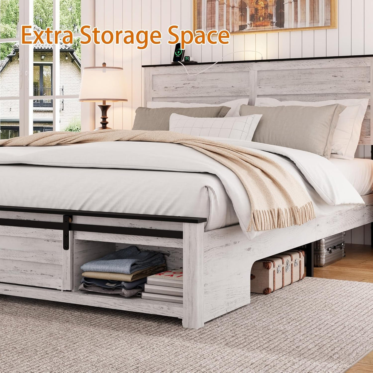 Queen Bed Frame with Storage Headboard, Metal Platform Bed Frame with 3 Storage Compartments, Built-in Charging Station and LED Lights, No Box Spring Required, Noiseless, Easy Assembly,Antique White QNICE