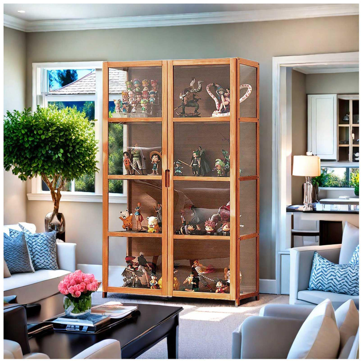 4-Tier Curio Cabinets with Acrylic Doors 51in Display Cabinet Natural Bamboo Frame,Safe and Healthy,Double Door Design for Convenient Storage,Sealed Dustproof,Easy to Clean,Brown,32 * 13 * 51in Generic