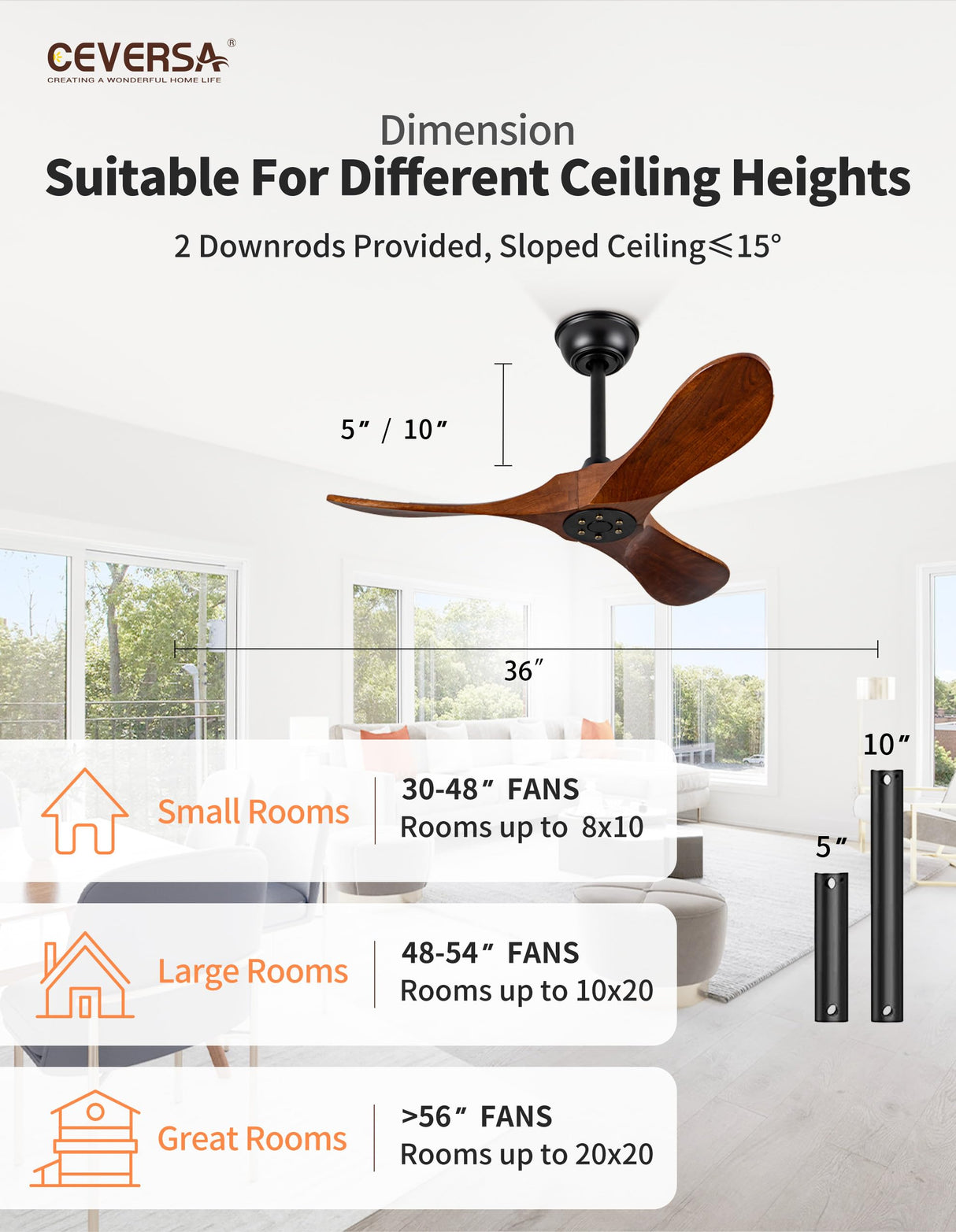 Ceversa 36 Inch Small Ceiling Fan no Light,Wood Ceiling Fan without Light with Remote Control,3 Blades Propeller Walnut Outdoor Ceiling Fan for Patio,Indoor,Living Room,Bedroom,Porch,Farmhouse Ceversa