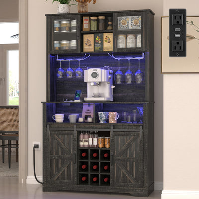 GlouMod Farmhouse Coffee Bar Cabinet with Sliding Barn Door, Buffet Cabinet with Hutch, Kitchen Pantry Cabinet with Power Outlet & Lighting, Tall Liquor Cabinet for Home Dining Room, Black