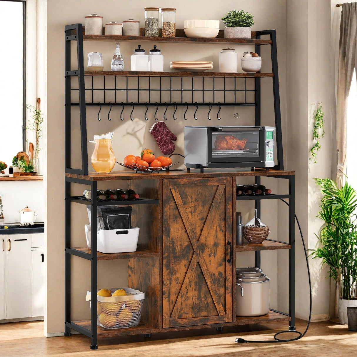 YITAHOME Large Bakers Rack with Power Outlet and Storage Cabinet, 47 Inch Farmhouse Coffee Bar Cabinet, Kitchen Microwave Stand with Wine Shelves and 12 Hooks, Rustic Brown YITAHOME