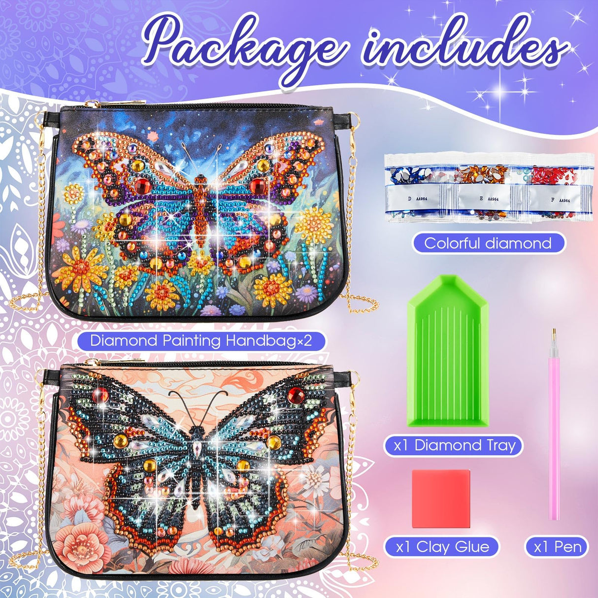 Geyoga 2 Pcs Diamond Painting Purses Diamond Art Kits for Adults Butterfly Handbag Crossbody Bag 5D DIY Shoulder Makeup Bag Chain Leather Clutch Purse Geyoga