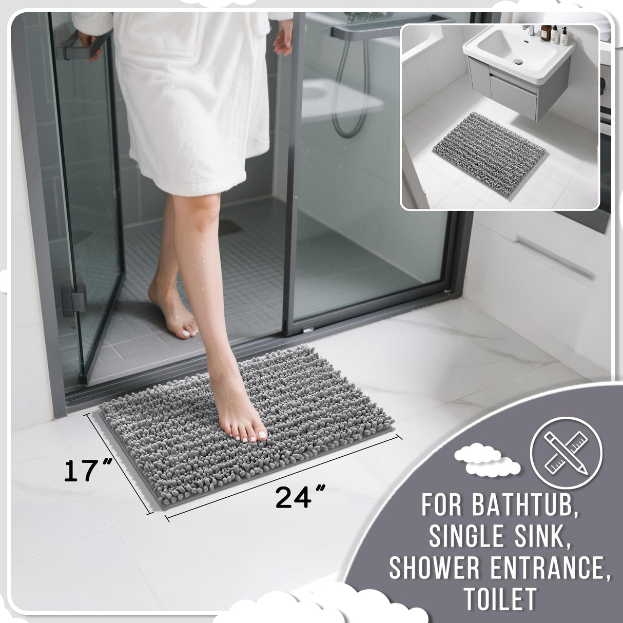 Yimobra Bathroom Rugs Non Slip Washable - Ultra Soft Absorbent Chenille Bath Mat, Quick Dry Shaggy Floor Carpet for Tub Shower, Gray Home Decor Accessories, 24x17 Inch Yimobra