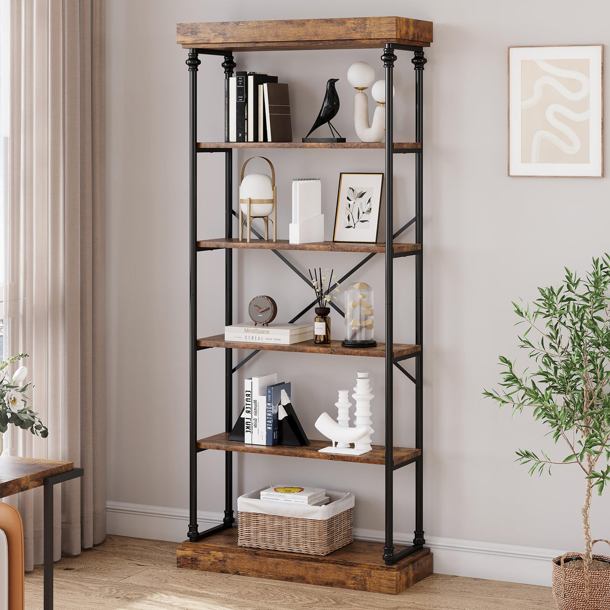 GarveeHome 6 Tier Bookshelf Industrial Bookcase Wood Tall Standing Bookshelves Wood Vintage Display Rack Rustic Bookshelf GarveeHome