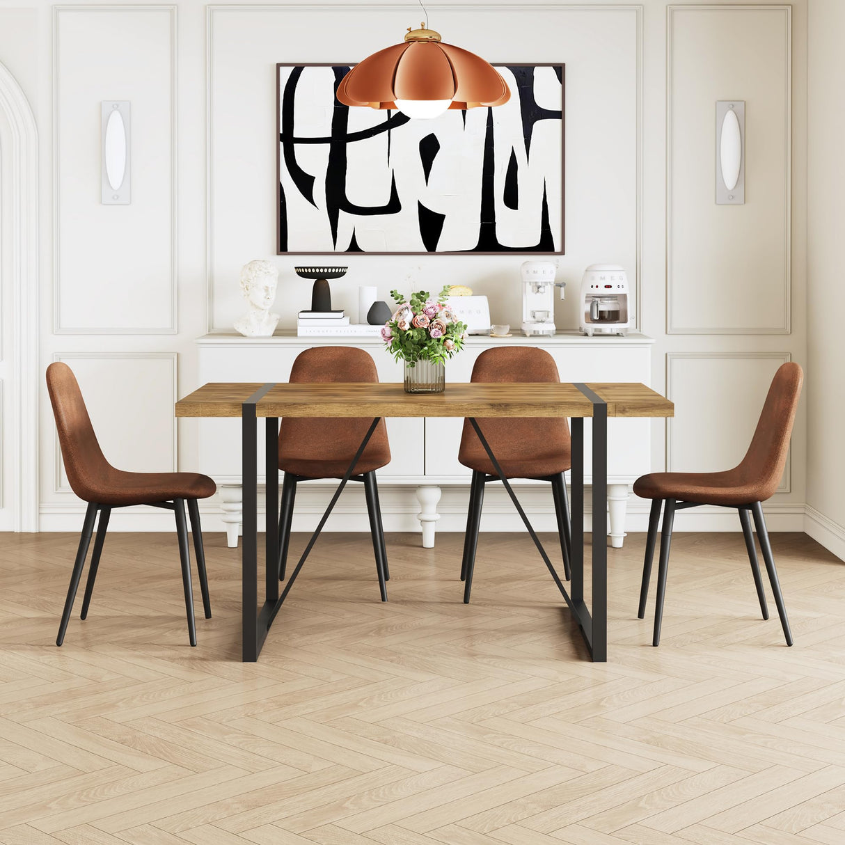 Ganooly Rustic 5 Piece Dining Room Table Set for 4 People, Mid Century Modern 55 Inch Rectangle Wood Kitchen Dining Table with 4 Fabric Chairs Set, Suitable for Kitchen Dining Room Ganooly