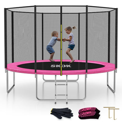 SKOK Trampoline 12FT Trampolines with Enclosure Net, 400LBS Outdoor Trampolines for Kids -ASTM Approved Pink Trampoline for Children and Adults with Jump Mat,Cover & Ladder