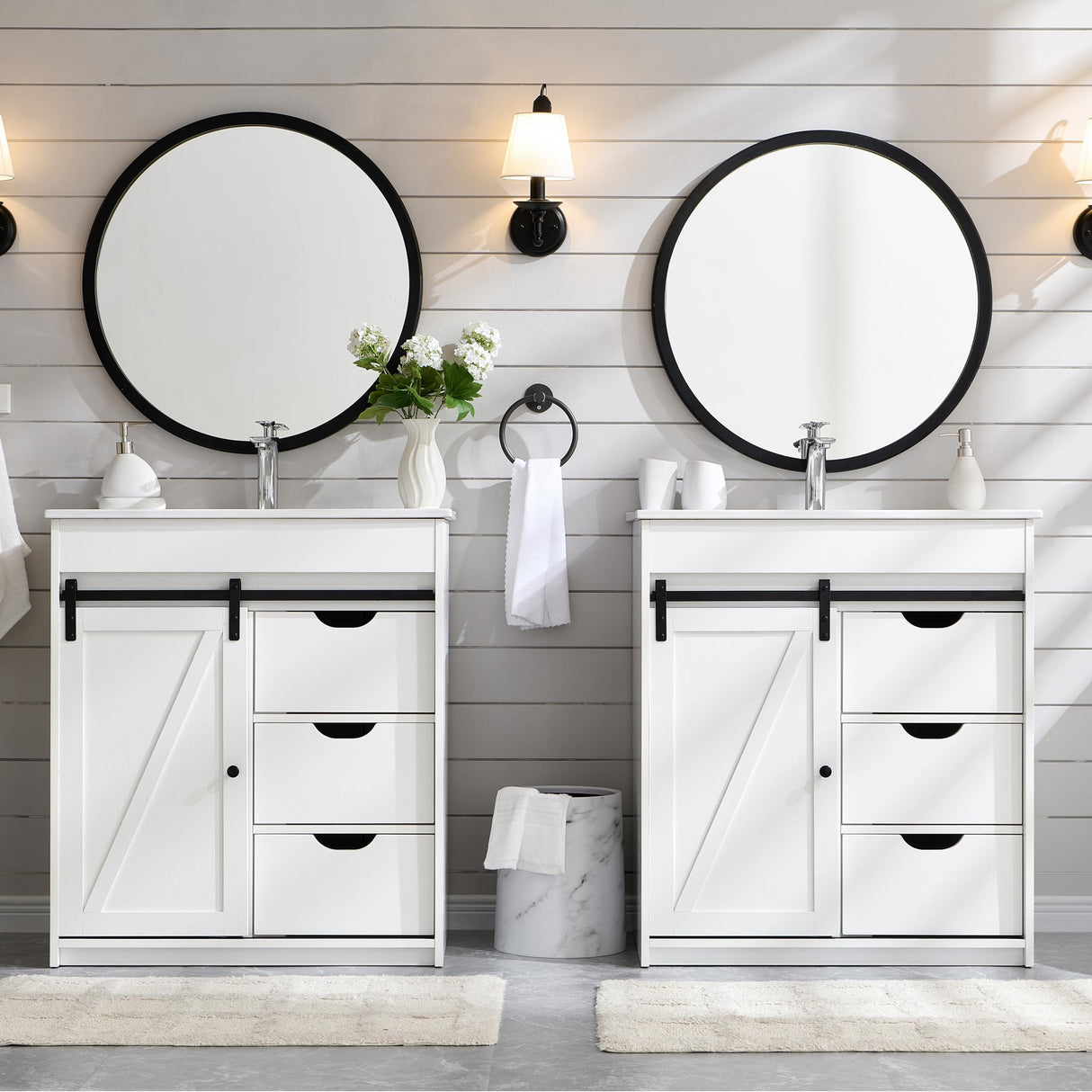 30" Farmhouse Bathroom Vanity with Sink, Bathroom Vanity w/Sliding Barn Door, Modern Bathroom Cabinet w/3 Drawers & Adjustable Shelves,Floor Standing Bathroom Vanity w/Metal Handle, White Aitjunz