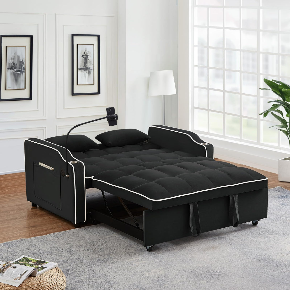 Pull Out Sofa Bed with Phone Holder, Convertible Velvet Loveseat Sleeper with 2 USB Charging Ports, Modern Futon Couch with Cup Holders and Adjustable Backrest, Small Love Seat for Living Room, Black KINFFICT