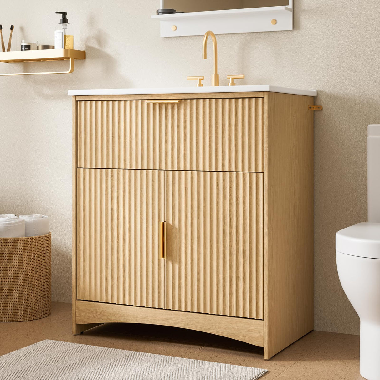 Amada 30″ Bathroom Vanity with Ceramic Sink, Modern Undermount Vanity Sink Cabinet with 2 Doors and 1 Drawer, Fluted Free Standing Bathroom Storage Cabinet with Sink Combo Set, Natural Oak AMADA HOMEFURNISHING