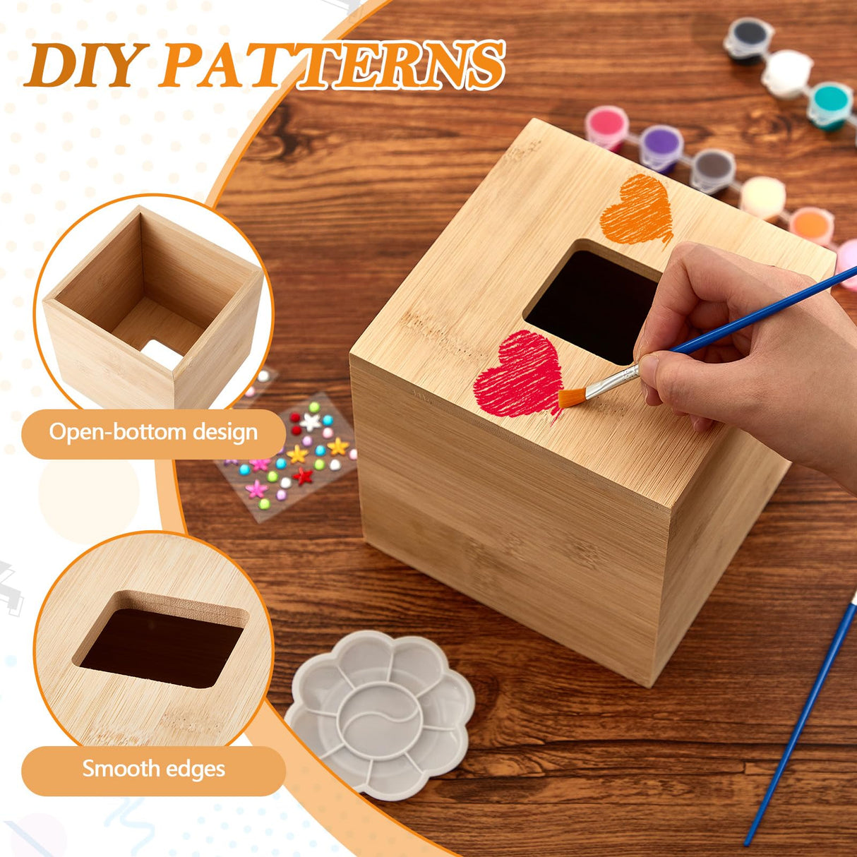 Weysat Unfinished Tissue Box Cover 5. 7 Inch Bamboo Wood Square Tissue Box Holder with Open Bottom with 2 Brushe 1 Paint Tray 12 Paint 2 Diamond Sticker for DIY Bathroom Bedroom Table Office Art Craft Weysat