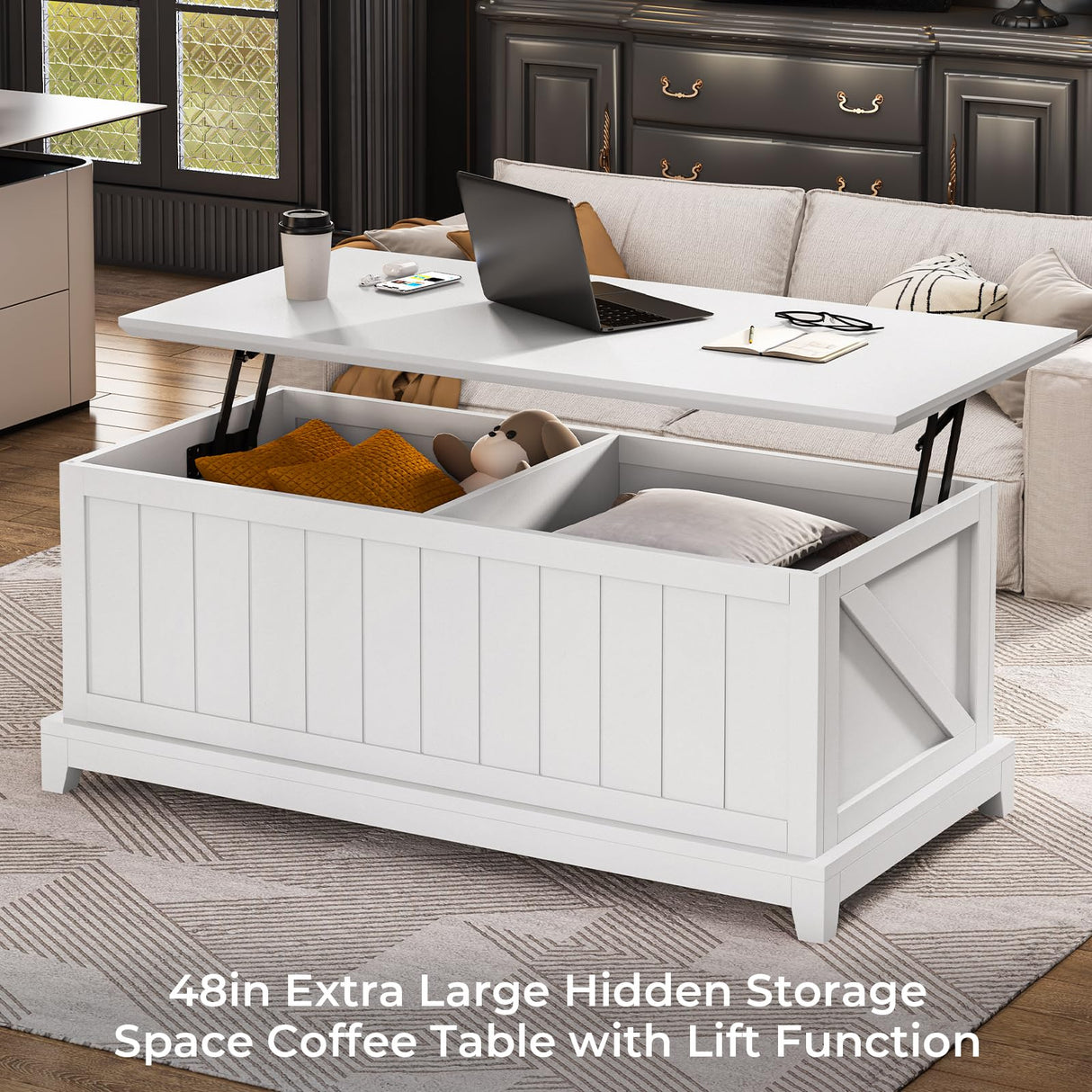 UPOSOJA 48” Lift Top Coffee Table for Living Room, Coffee Tables with Large Storage & Fence Design, Coffee Table lifting top for Living Room Rustic Center Table for Home and Office, White UPOSOJA