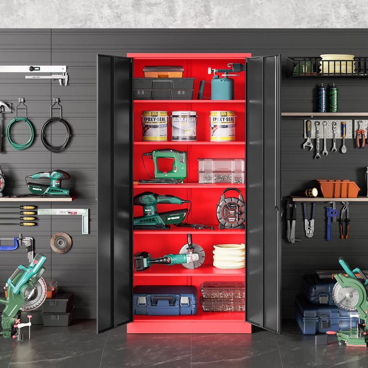 Garage Storage Cabinet with 5 Adjustable Shelves,Metal Storage Cabinet with Lock,Red Black Metal Cabinet with Locking Doors,Steel Cabinet,71" Lockable Storage Cabinet for Home,Office,Garage Cabinets SISESOL
