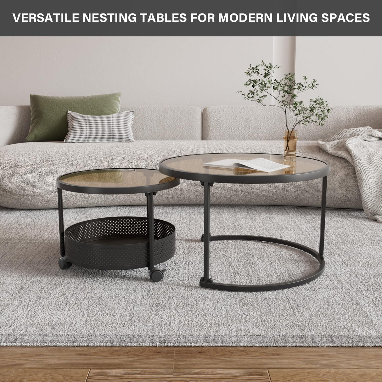 Belord 28” Versatile Nesting Round Coffee Tables Set of 2 for Living Room, Tempered Glass Stacking Nesting Table with Casters and Storage Black