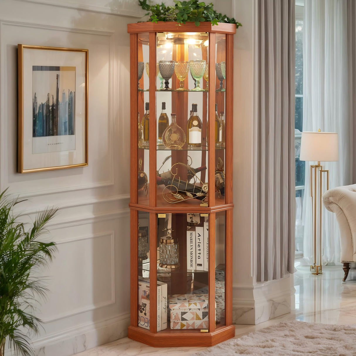 CKEASEAN Corner Curio Cabinet, 70" H Lighted Glass Display Cage with Tempered Glass Doors and 5 Adjustable Shelves, Light Bulb Inclued, Wine Bar China Cabinet for Living Room (Dark Oak) CKEASEAN
