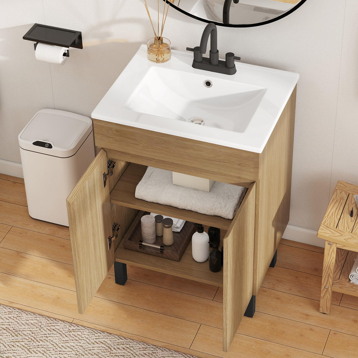 YITAHOME 24 Inch Bathroom Vanity with Sink, Bathroom Cabinet Vanity for Small Space, Freestanding Storage Bathroom Vanity with 2 Soft Closing Cabinets, Natural Brown YITAHOME