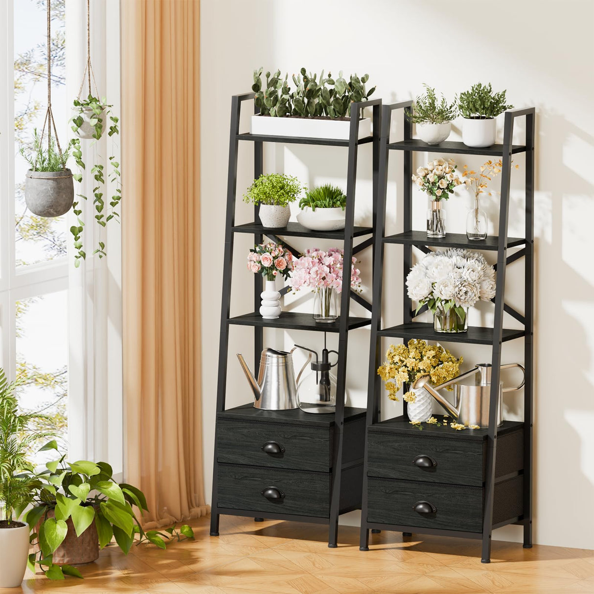 Furologee 4-Tier Ladder Shelf,Small Bookshelf with 2 Drawers,Vertical Bookcase Storage Rack Organizer,Display Bookshelves for Living Room,Bedroom,Bathroom,Home Office,Kitchen,Rustic Brown,Black Oak Furologee