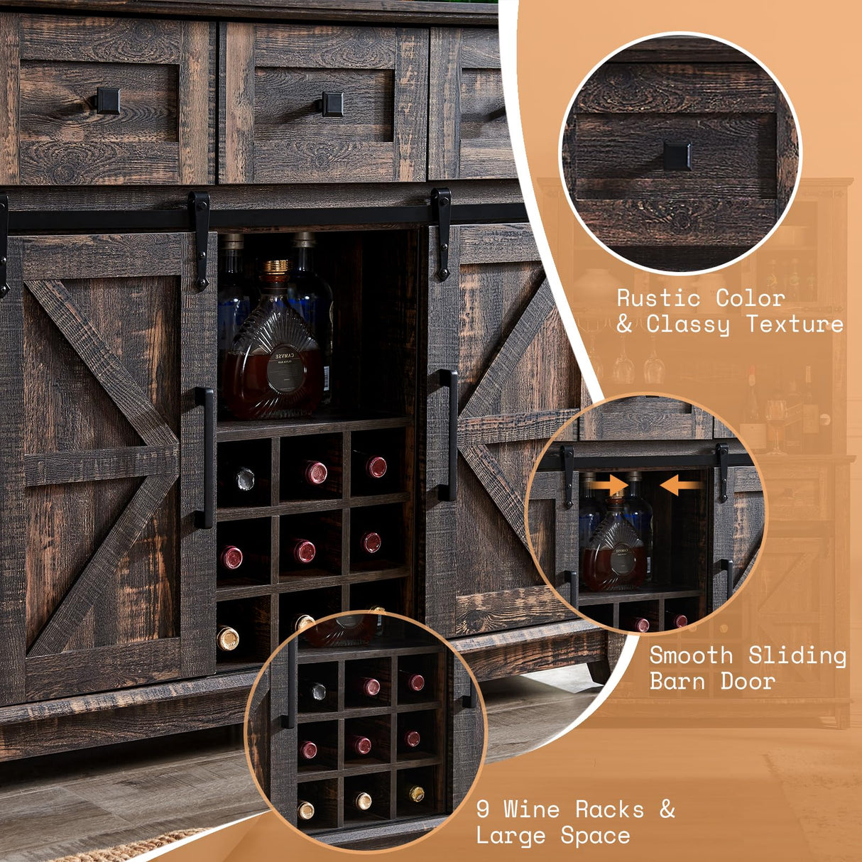 AMERLIFE Coffee Bar Cabinet with Sliding Barn Door, 72'' Farmhouse Kitchen Sideboard, Buffet Storage Table, Wine Glass Racks, 3 Drawers, LED Lights, Tall Hutch Home Bar Dark Rustic Oak AMERLIFE
