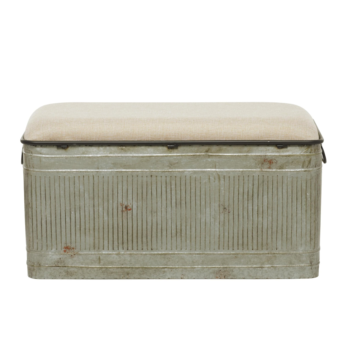 Deco 79 Metal Room Storage Bench Galvanized Entryway Bench with Cream Burlap Top and Black Latches, Bench 38" x 16" x 19", Gray Deco 79