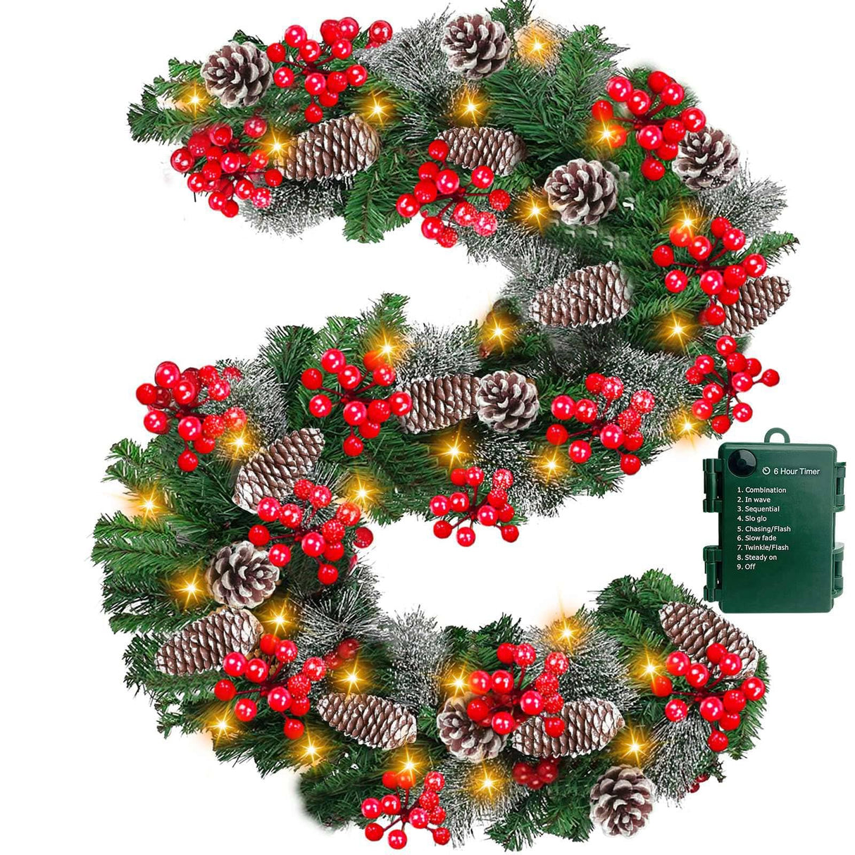 Auto Timer & 8 Modes 9Ft by 10 Inch 50 LED Prelit Christmas Garland Decorations Warm Lights Thick 270 Lifelike Snowy Tips 70 Red Berries 10 Pinecones Xmas Garland Fireplace Door Stairs Home Outdoor Camlinbo