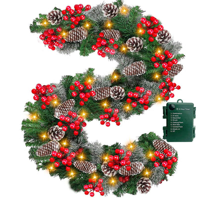 Auto Timer & 8 Modes 9Ft by 10 Inch 50 LED Prelit Christmas Garland Decorations Warm Lights Thick 270 Lifelike Snowy Tips 70 Red Berries 10 Pinecones Xmas Garland Fireplace Door Stairs Home Outdoor