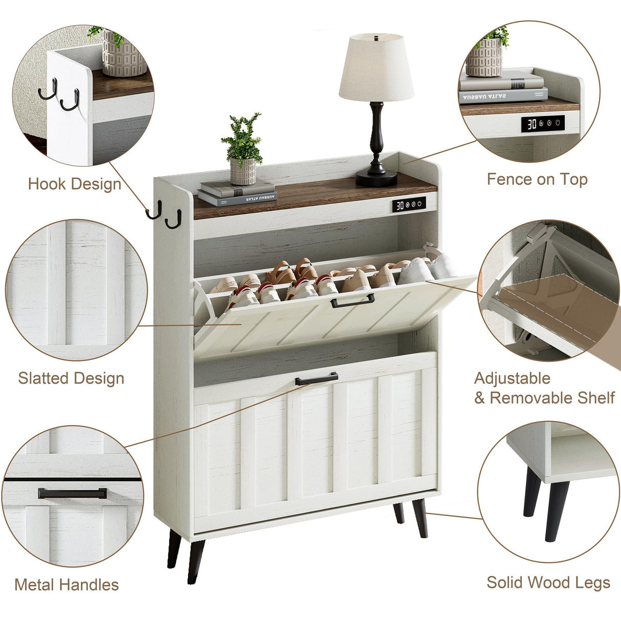 ChooChoo Shoe Storage Cabinet with 2 Flip Drawers, Deodorizing Shoe Organizer Storage for Entryway, Freestanding Hidden Slim Narrow Shoe Rack Cabinet, Antique White & Brown ChooChoo