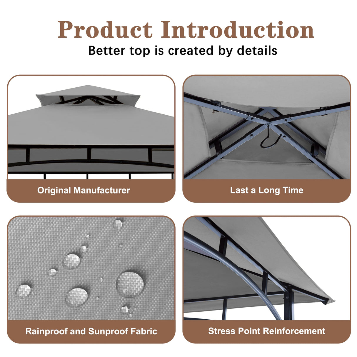 SCOCANOPY Upgraded Ripstop Fabric Replacement Canopy Grill BBQ Gazebo Roof Top for Gazebo Model L-GZ238PST-11 Only,(Gray Ripstop) SCOCANOPY