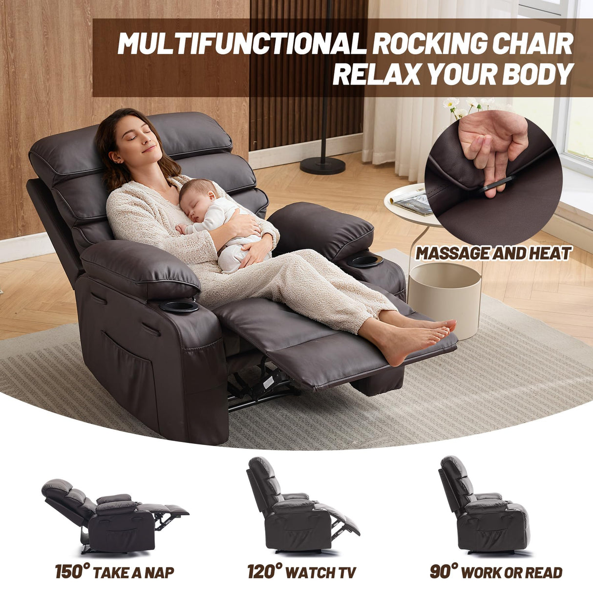 PU Leather Extra Wide Manual Recliner for Adults with Massage and Heat, Large Lazy Chair with 1.5X Sponge Comfort Arm and Back for Living Room, Bedroom PeacefulHues