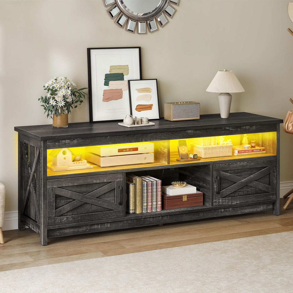 YITAHOME Farmhouse TV Stand for 65/55 Inch Television, LED Entertainment Center Television Stand with Power Outlets and Open Shelf, Media Console TV Cabinet for Living Room, Dark Grey YITAHOME