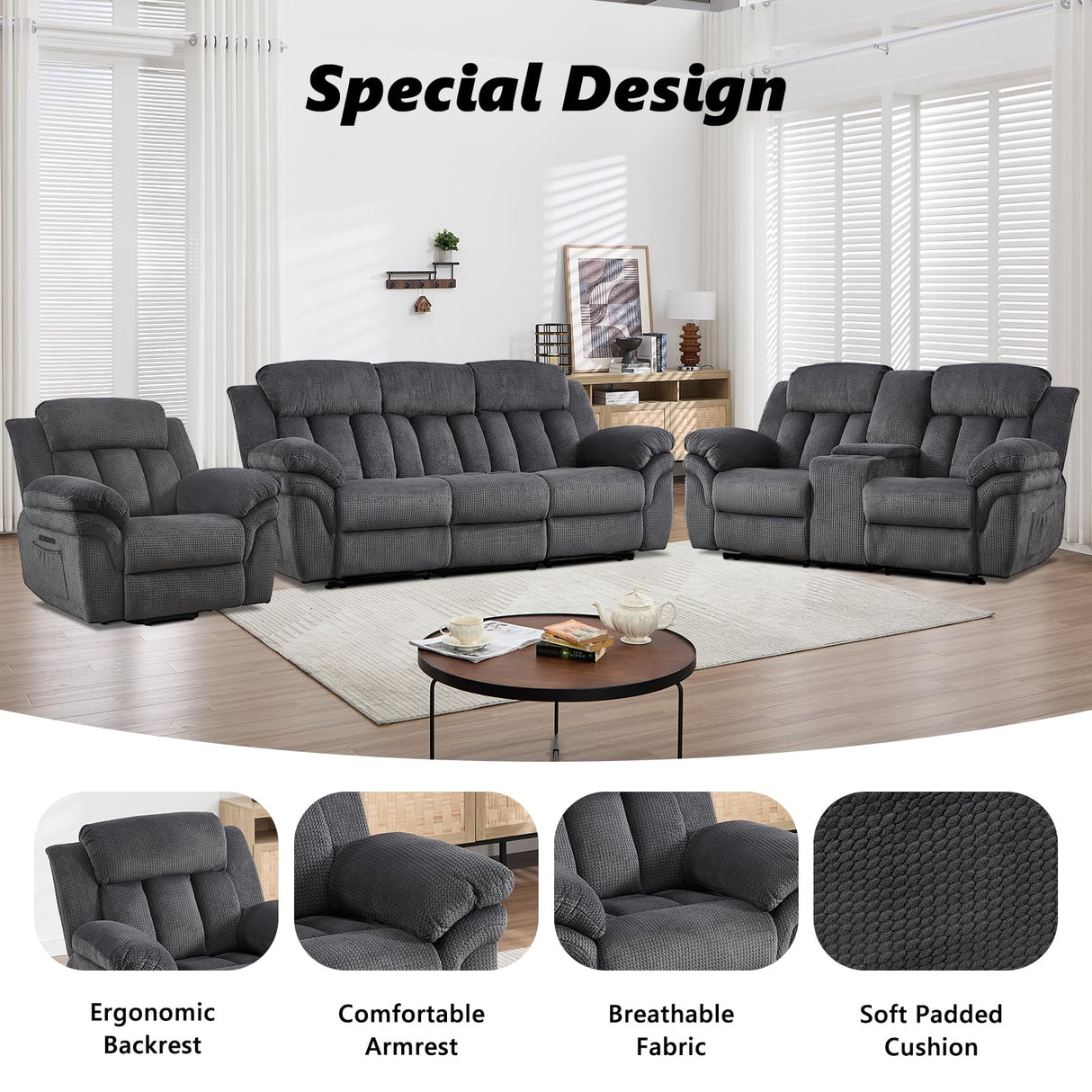 CANMOV Recliner Sofa Set, Oversize Power Lift Recliner Chair, Manual Loveseat and 3-Seat Sofa with Overstuffed Armrest for Living Room,Bedroom Furniture,Office,1+2+3 Seat Grey CANMOV