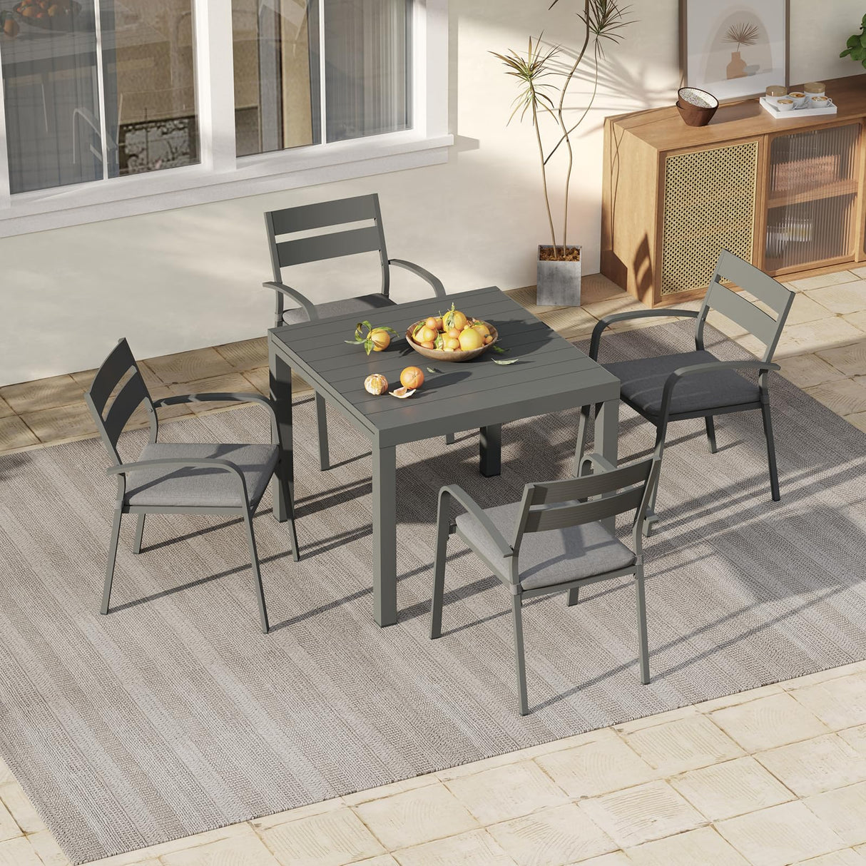 Soleil Jardin 7-Piece Outdoor Patio Dining Set, 35" - 71" Aluminum Expandable Outdoor Dining Table Set for 6, 6 Stackable Chairs with Gray Removable Cushions, Dark-Grey Soleil Jardin