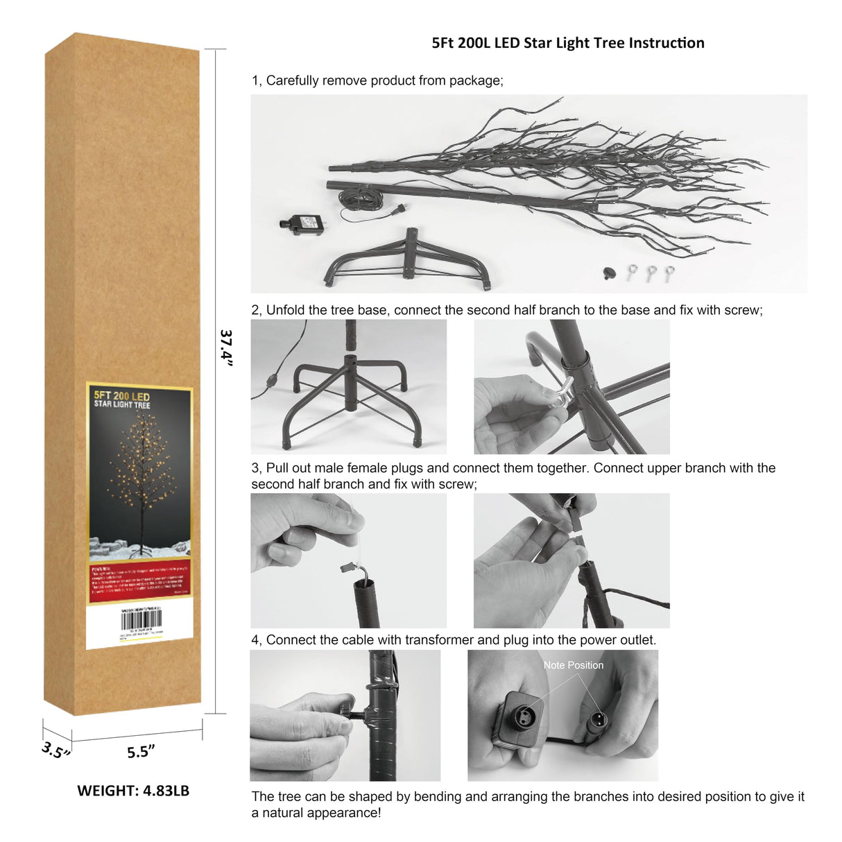 LIGHTSHARE 5FT 200L Lighted Star Light Tree,Warm White, Brown Branch Decoration Light,Home/Festival/Party/Christmas,Indoor and Outdoor Use LIGHTSHARE