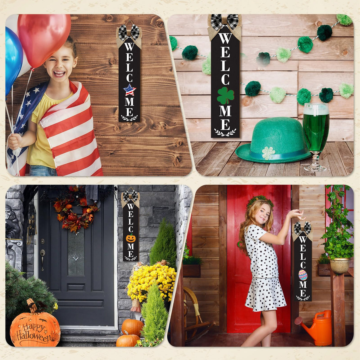 Sintuff Welcome Sign for Front Door Interchangeable Porch Sign with 24 Pcs Holiday Icons Home Farmhouse Welcome Outdoor Seasonal Rustic Sign for Spring Easter St Patrick's Day(Black) Sintuff
