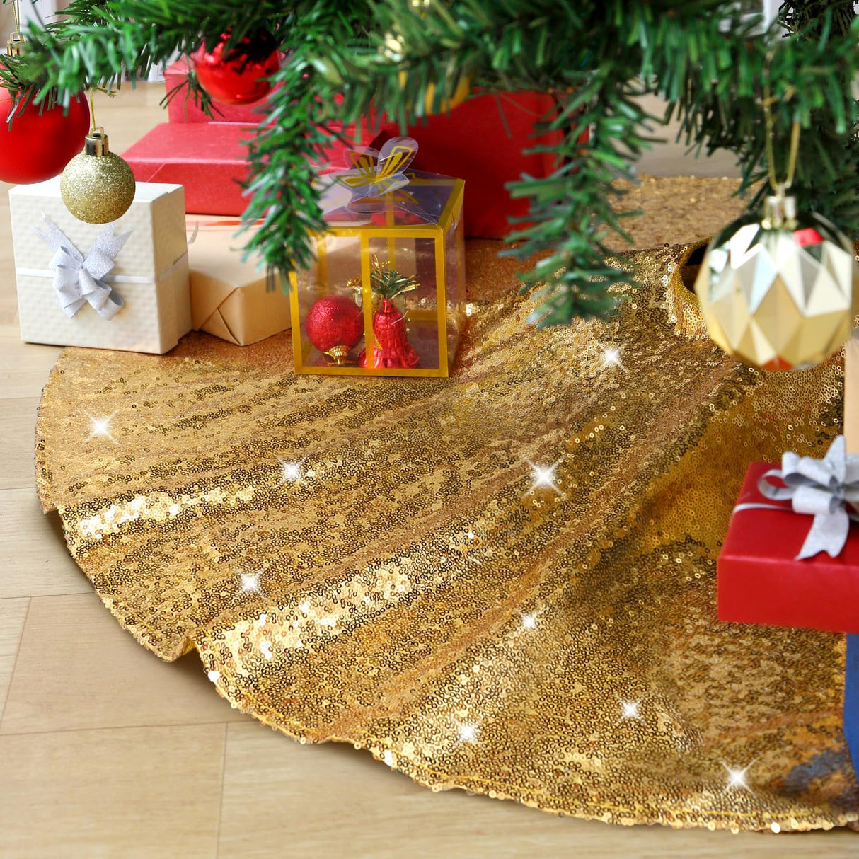 Christmas Tree Skirt 24 Inch Gold Sequin Tree Skirt Small Tree Skirt for 4 Foot Tree Christmas Decorations QueenDream