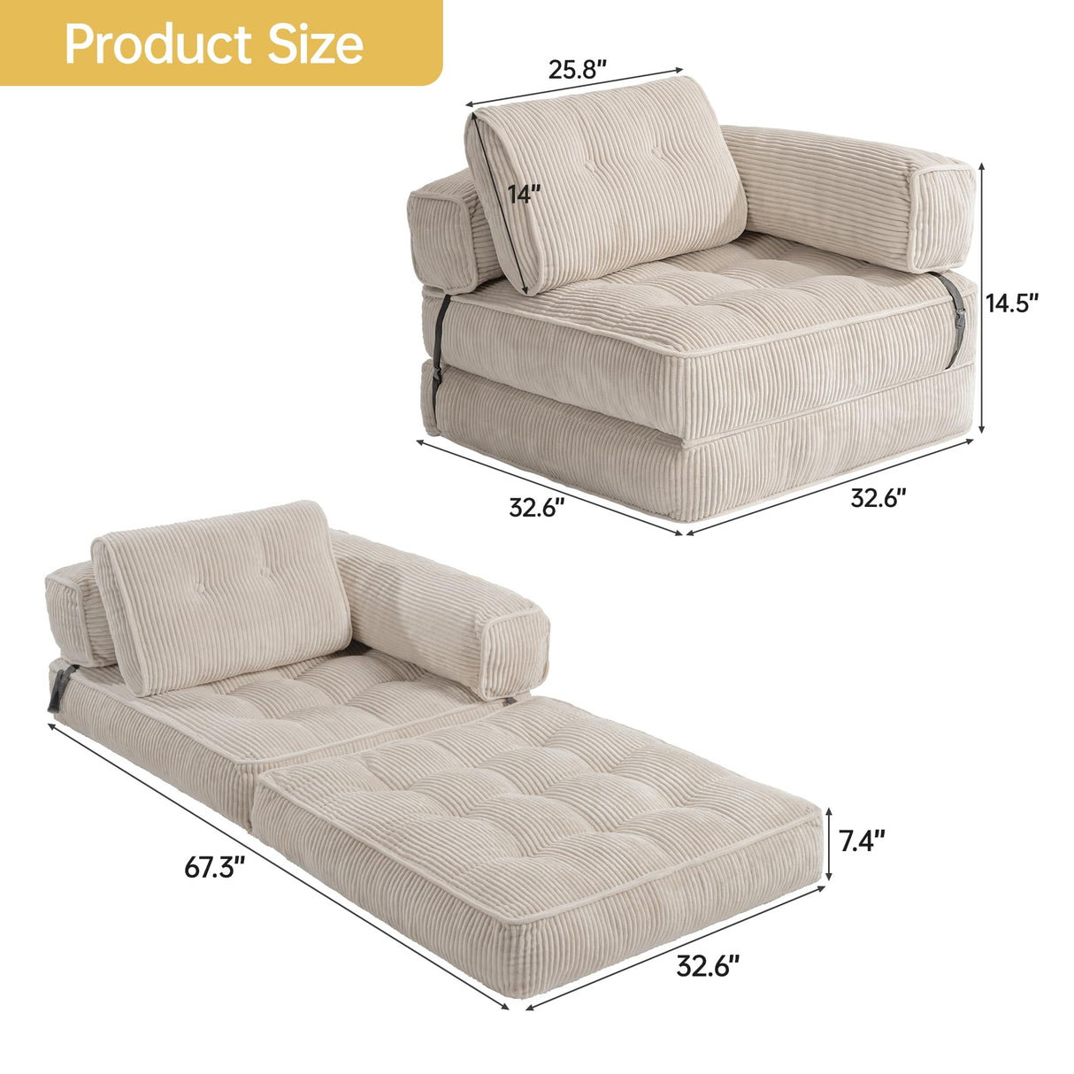 Airynee Convertible Folding Sofa Bed, L- Shaped Sleeper Chair Bed with Armrest and Pillow, Fold Out Sleeper Sofa, Comfortable Floor Couch for Small Spaces/Living Room/Bedroom, Single, Beige Airynee