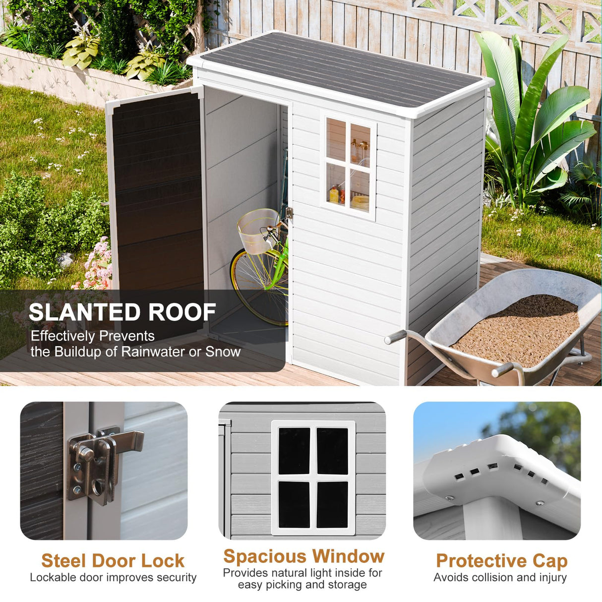 Outdoor Resin Storage Shed with Floor Included 5x3 FT, Waterproof Outside Sheds with Window Lockable Door, Plastic Sheds for Backyard Garden Patio Lawn Tools, Gray WELYAS