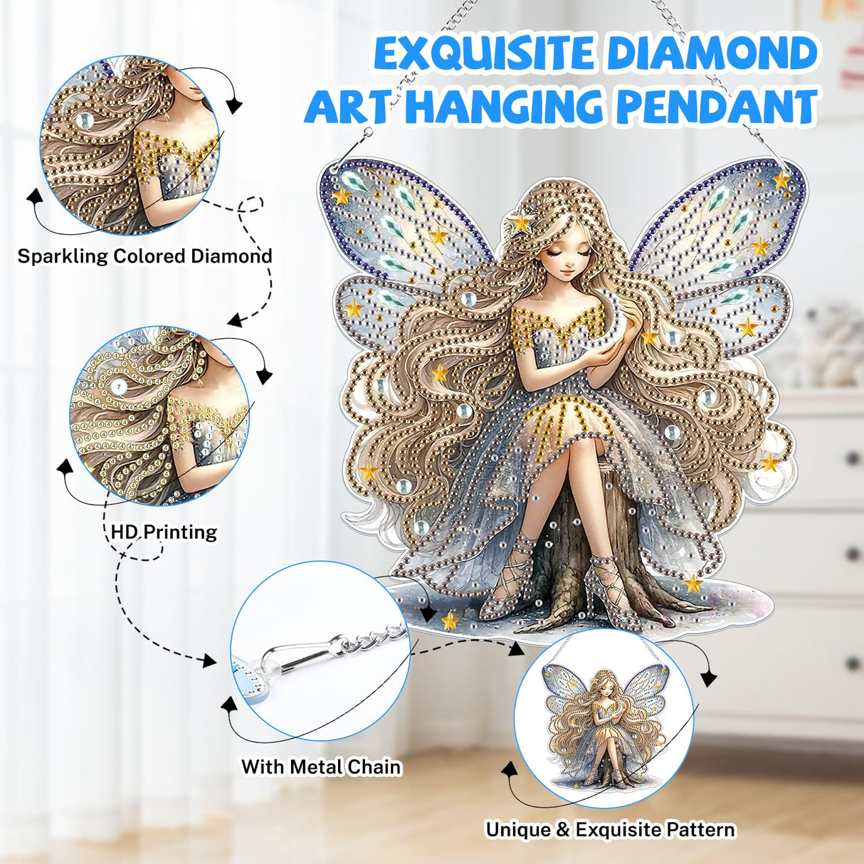 Bowetile Fairy Diamond Art Hanging Kits for Adults Kids, 5D Special Shape Diamond Painting Pendant Kits, Animal Gem Art Suncatchers Painting Ornament for Home Garden Wall Decor Bowetile