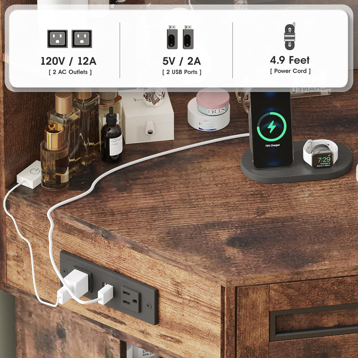 Maupvit Makeup Vanity Desk, Corner Vanity Desk with Mirror and Lights, Farmhouse Vanity Table with 10 Bulbs&4 Charging Stations, Makeup Desk with 3 Drawers&Cabinet, 3 Lighting Modes Adjustable, Brown Maupvit