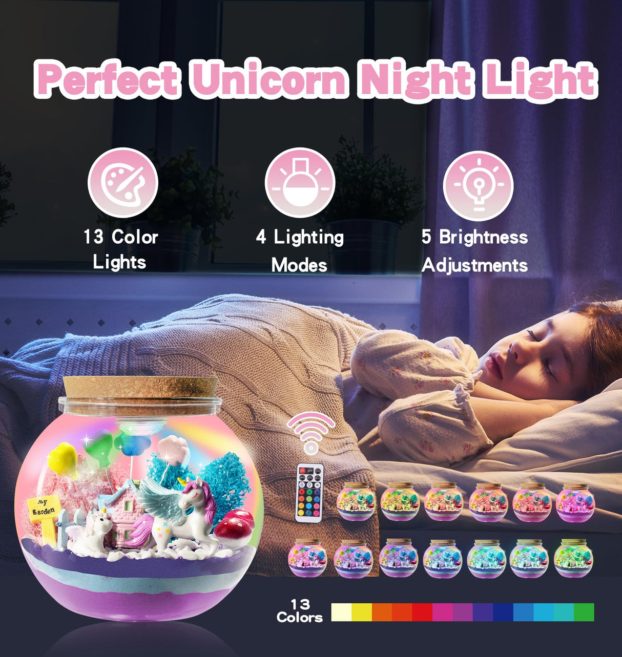 THINKKIE Unicorn Light Up Terrarium Kit for Kids - LED Night Light Birthday Gifts for Girls Ages 4 5 6 7 8-12 Year Old - Arts and Crafts for Kids THINKKIE