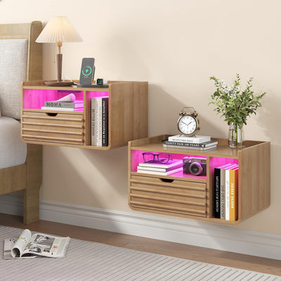 Maupvit Wood Floating Nightstand Set of 2, Wall Mounted Night Stand with Drawer and Charging Station, Bedside Table with Open Shelf, Led Nightstand for Bedroom