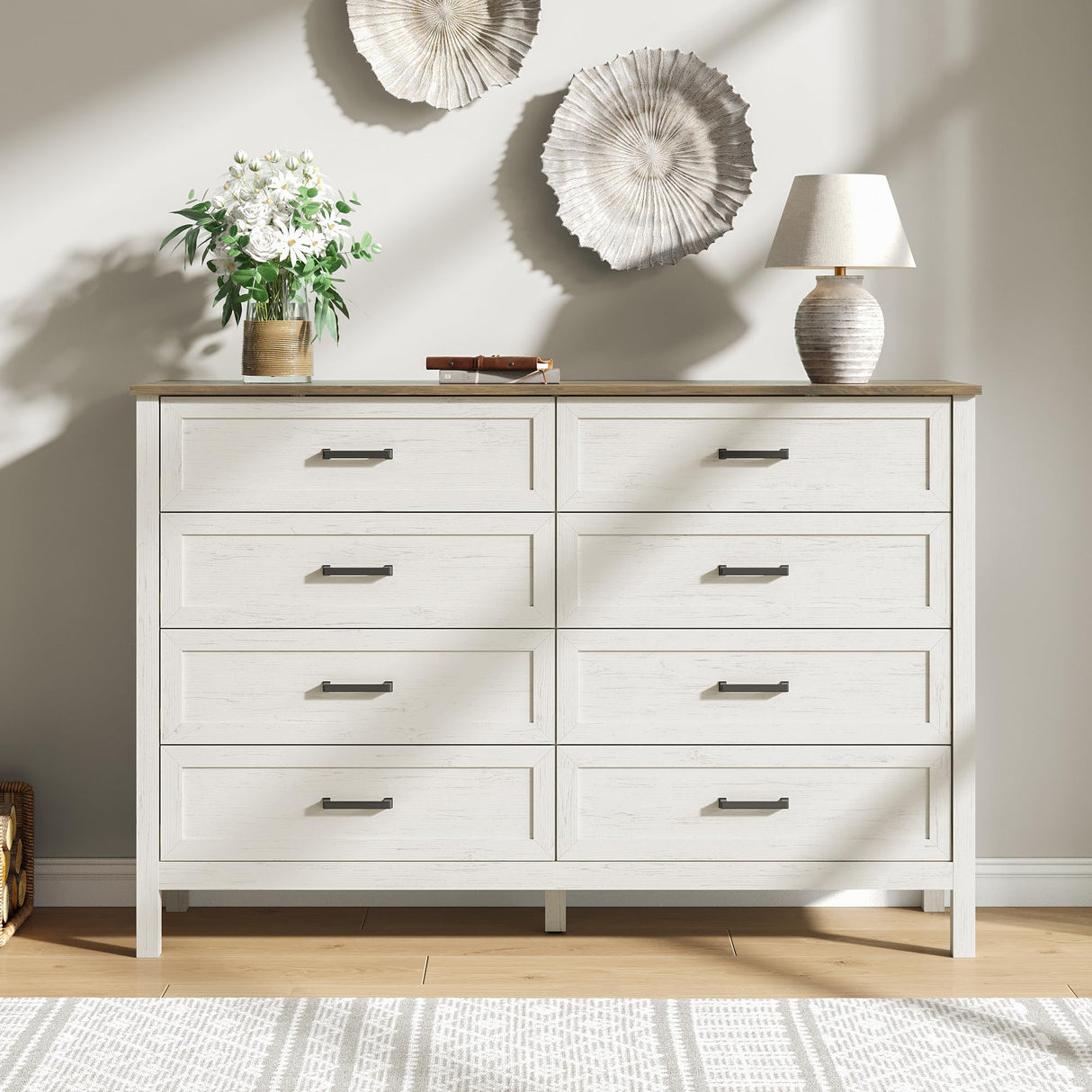 BAZELOR Farmhouse 8 Drawers Dresser for Bedroom, 55 Inch Wood Rustic Wide Chest with Natural Texture, Large Dressers for Bedroom, Hallway, Entryway, Antique White BAZELOR