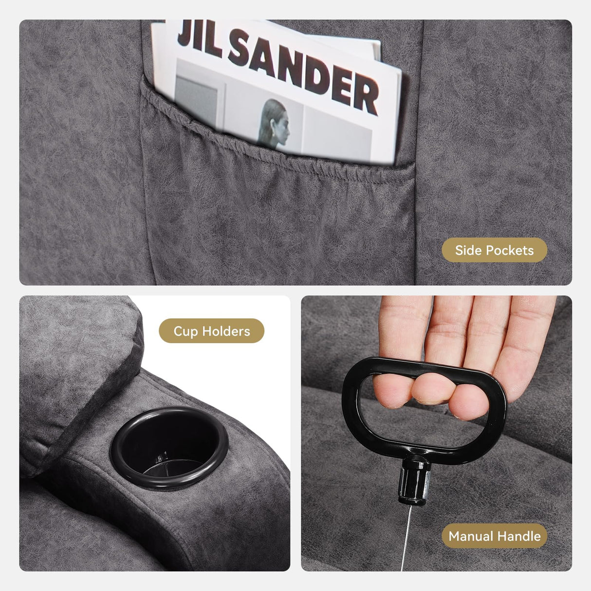 COMHOMA Manual Recliner Chair Set,Fabric Reclining Sofa Chair with Cup Holders, Upholstered Recliner with Side Pockets Suitable for Living Room Furniture (3+2+1) COMHOMA