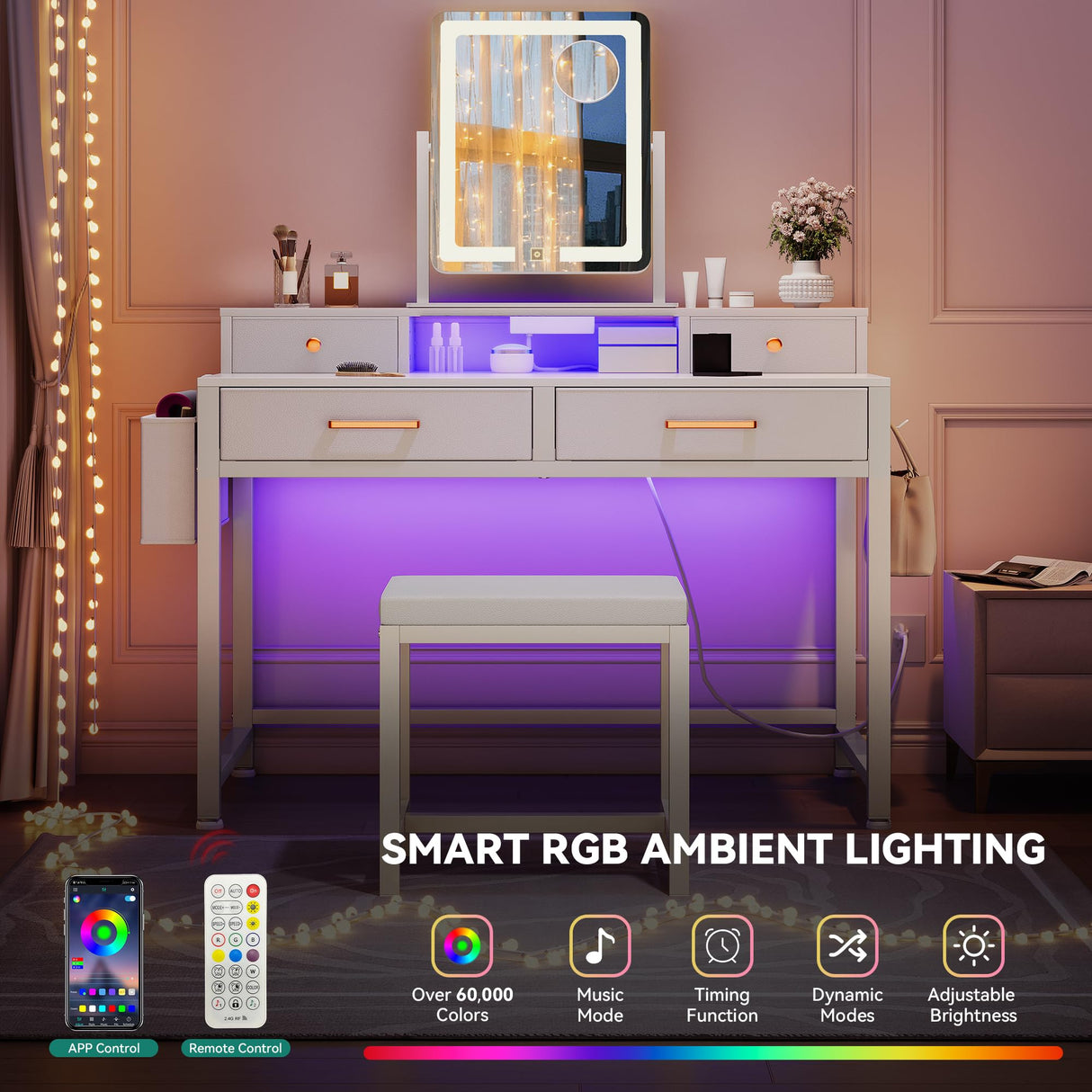 YITAHOME Vanity Desk Set with LED Mirror & Charging Station, 4-Drawer Makeup Table with Light Strip and Stool, Modern Dressing Table YITAHOME