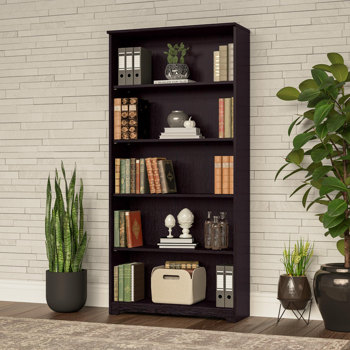 Bush Furniture Tall 5 Shelf Bookcase, Large Open Bookshelf, Sturdy Display Cabinet for Living Room or Home Office, Cabot Collection, Espresso Oak Bush Business Furniture