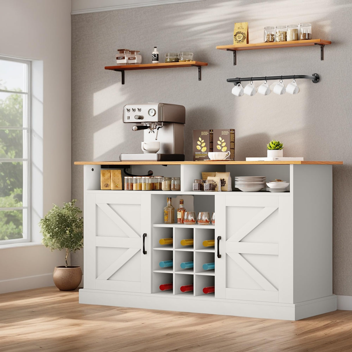 YITAHOME Sideboard Buffet Cabinet, 52" Farmhouse Coffee Bar with Power Outlet, Floating Shelves, Wine Storage for Kitchen & Living Room (White) YITAHOME