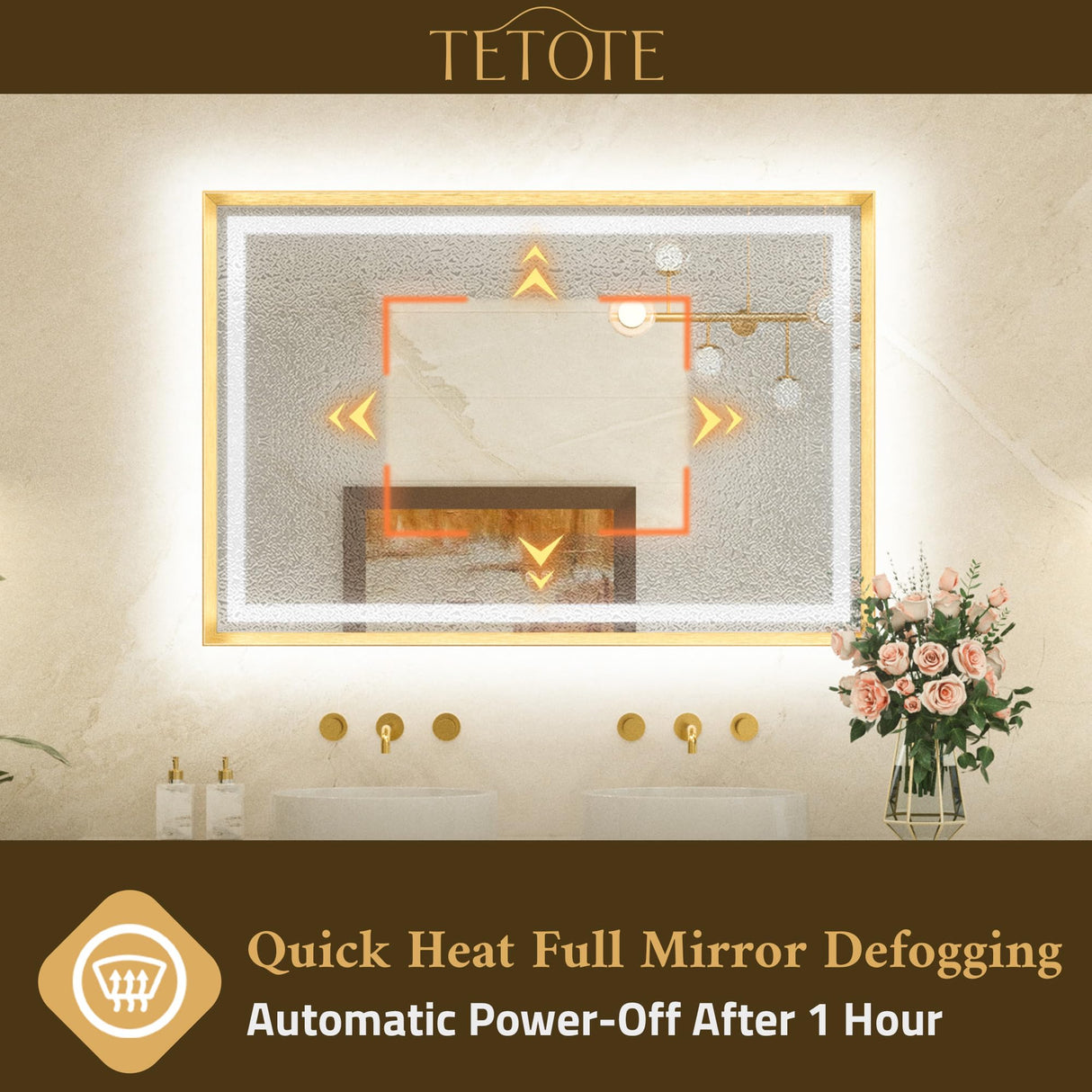 TETOTE 22 x 30 Bathroom LED Mirror Brushed Gold Metal Frame Frontlit & Backlit Vanity Mirror Anti-Fog Stepless Dimmable 3 Colors White/Warm/Natural Mirror with Lights Wall-Mounted TETOTE