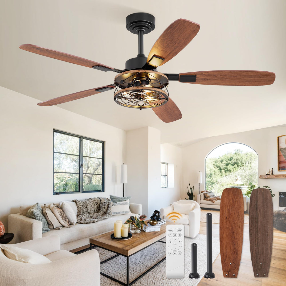 52 Inch Farmhouse Ceiling Fan with Light and Remote, Black Industrial Caged Flush Mount Ceiling Fans with 6 Speed Reversible Motor and Dual Finish 5 Blades, Rustic Ceiling Fan for Living room, Bedroom Fanbulous