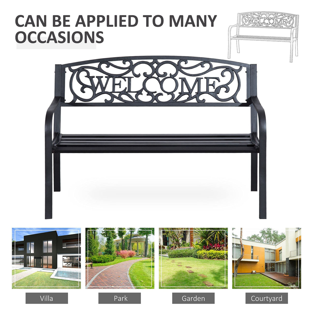 Outsunny 50" Outdoor Metal Welcome Bench, Garden Bench with Slatted Seat, Patio Bench for Park, Porch, Yard, Entryway, Black Outsunny