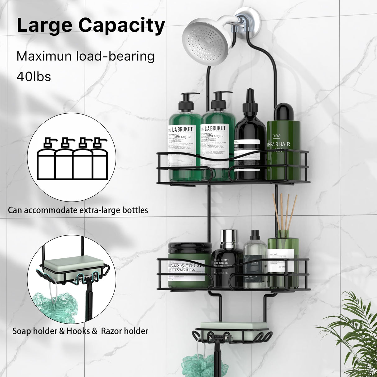 DAOYA Bathroom Shower Caddy Hanging - Shower Organizer Hanging 3-Tier with Soap Holder & 6 Hooks for Towels, Sponge, Shower Caddy over Shower Head Fits 21mm Shower Head Arm, Black DAOYA